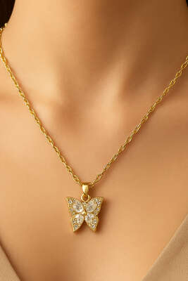 Taşlı Kelebekli Kolye Gold - Kolye