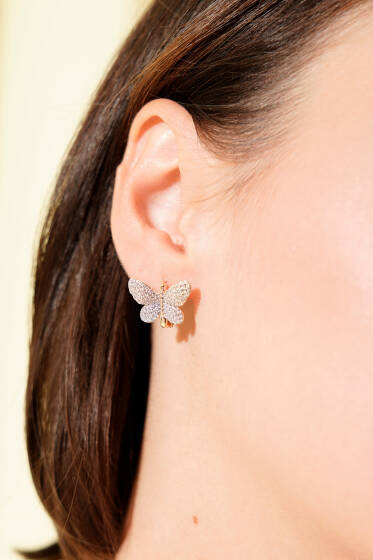 Taşlı Kelebekli Küpe Gümüş - Küpe