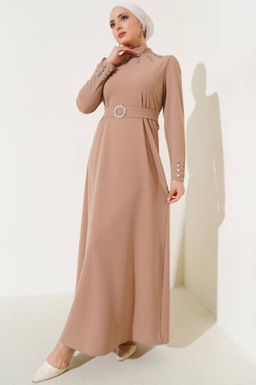 Taşlı Kemer Tokalı Elbise Camel - Elbise