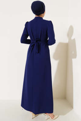 Taşlı Kemer Tokalı Elbise Lacivert - Tesettür Elbise