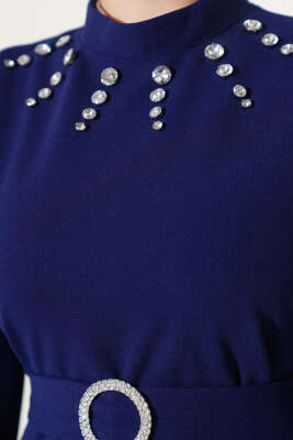 Taşlı Kemer Tokalı Elbise Lacivert - Tesettür Elbise