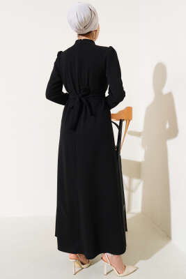 Taşlı Kemer Tokalı Elbise Siyah - Tesettür Elbise