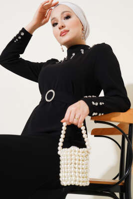 Taşlı Kemer Tokalı Elbise Siyah - Tesettür Elbise