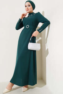 Taşlı Kemer Tokalı Elbise Zümrüt - Tesettür Elbise