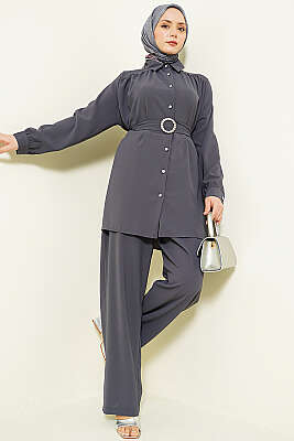 Taşlı Kemer Tokalı Kuşaklı İkili Takım Füme - NESSİA