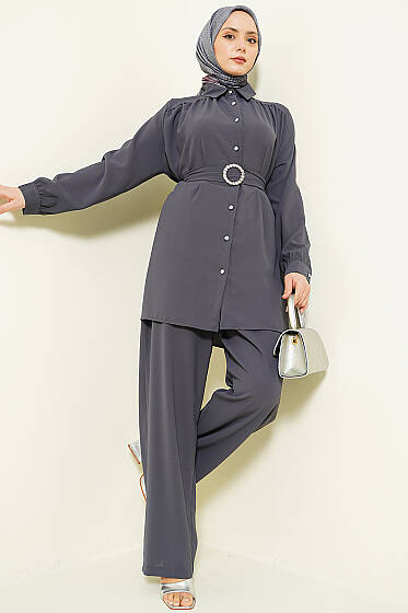 Taşlı Kemer Tokalı Kuşaklı İkili Takım Füme - İkili Takım