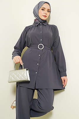 Taşlı Kemer Tokalı Kuşaklı İkili Takım Füme - İkili Takım