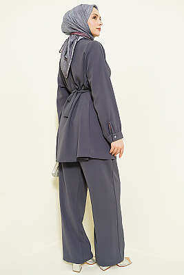 Taşlı Kemer Tokalı Kuşaklı İkili Takım Füme - İkili Takım