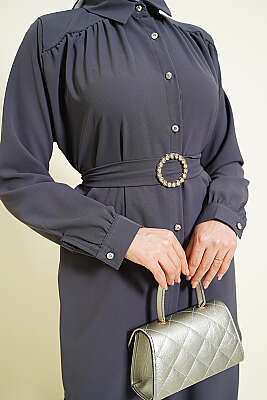 Taşlı Kemer Tokalı Kuşaklı İkili Takım Füme - İkili Takım