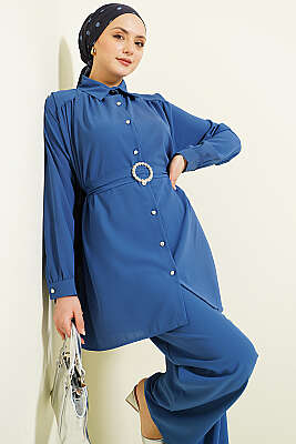 Taşlı Kemer Tokalı Kuşaklı İkili Takım İndigo - NESSİA