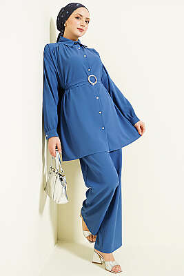 Taşlı Kemer Tokalı Kuşaklı İkili Takım İndigo - İkili Takım