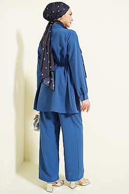 Taşlı Kemer Tokalı Kuşaklı İkili Takım İndigo - İkili Takım