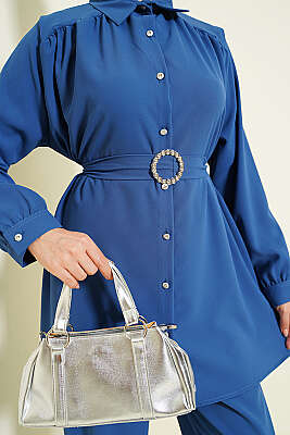 Taşlı Kemer Tokalı Kuşaklı İkili Takım İndigo - İkili Takım