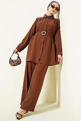 Taşlı Kemer Tokalı Kuşaklı İkili Takım Kahve - NESSİA