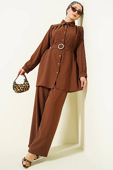 Taşlı Kemer Tokalı Kuşaklı İkili Takım Kahve - İkili Takım