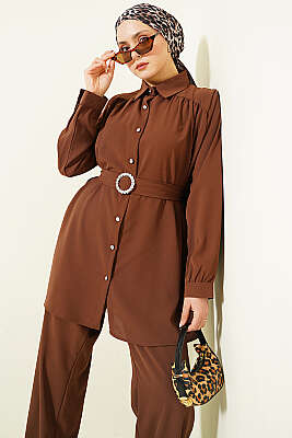 Taşlı Kemer Tokalı Kuşaklı İkili Takım Kahve - İkili Takım