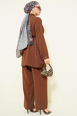 Taşlı Kemer Tokalı Kuşaklı İkili Takım Kahve - İkili Takım