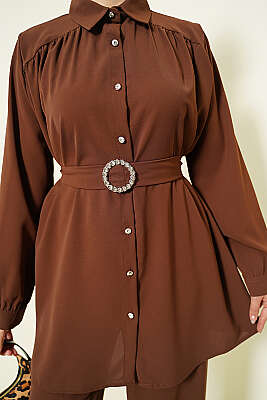 Taşlı Kemer Tokalı Kuşaklı İkili Takım Kahve - İkili Takım