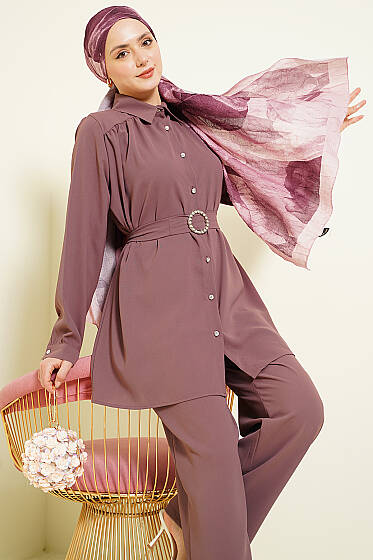 Taşlı Kemer Tokalı Kuşaklı İkili Takım Magenta - İkili Takım