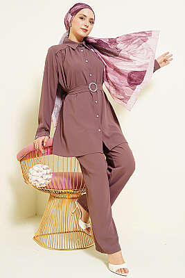 Taşlı Kemer Tokalı Kuşaklı İkili Takım Magenta - İkili Takım