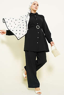 Taşlı Kemer Tokalı Kuşaklı İkili Takım Siyah - NESSİA