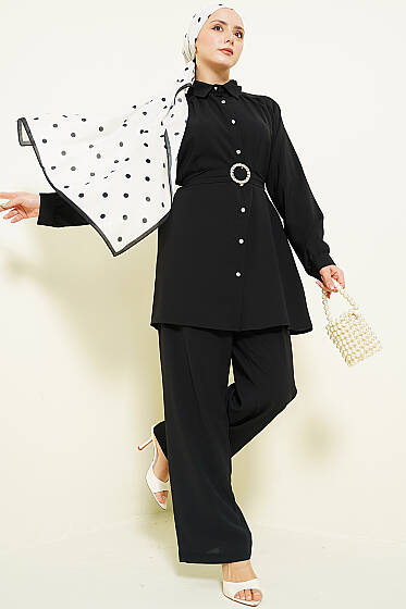 Taşlı Kemer Tokalı Kuşaklı İkili Takım Siyah - İkili Takım