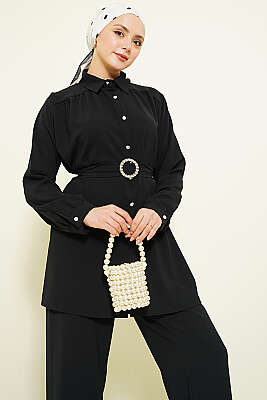 Taşlı Kemer Tokalı Kuşaklı İkili Takım Siyah - İkili Takım