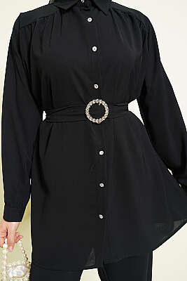 Taşlı Kemer Tokalı Kuşaklı İkili Takım Siyah - İkili Takım