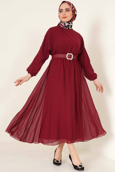 Taşlı Kemer Tokalı Şifon Elbise Bordo - Tesettür Elbise