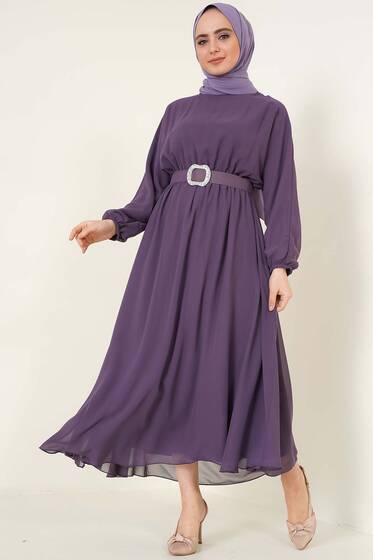 Taşlı Kemer Tokalı Şifon Elbise Galibarda - Tesettür Elbise