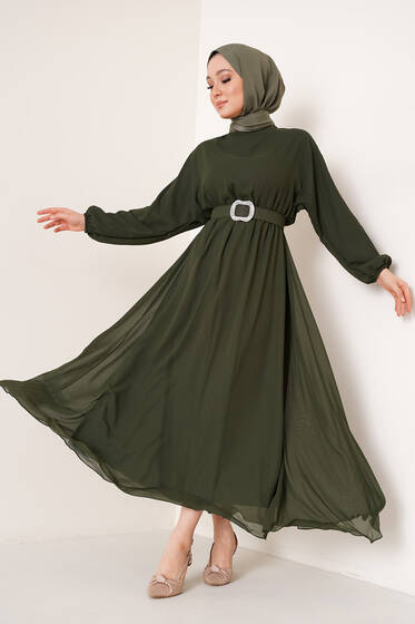 Taşlı Kemer Tokalı Şifon Elbise Haki - Tesettür Elbise