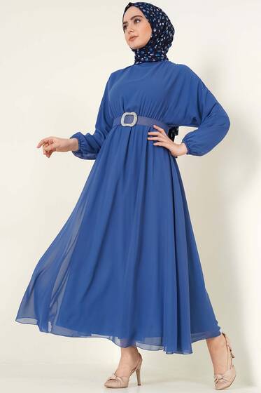 Taşlı Kemer Tokalı Şifon Elbise İndigo - Tesettür Elbise