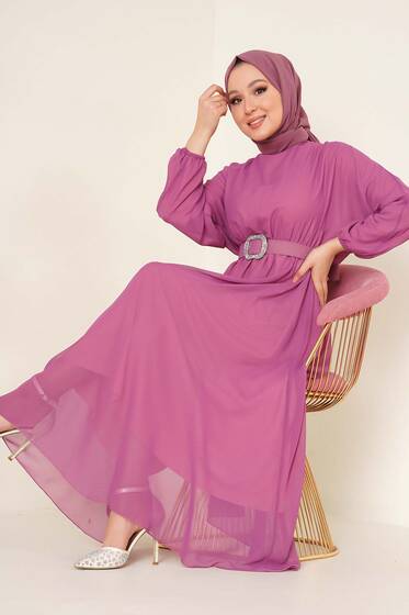 Taşlı Kemer Tokalı Şifon Elbise Magenta - Tesettür Elbise