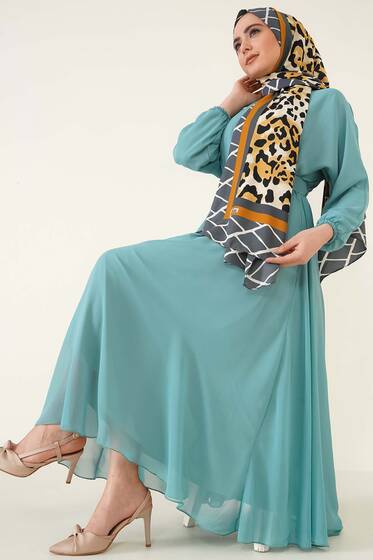Taşlı Kemer Tokalı Şifon Elbise Mint - Tesettür Elbise
