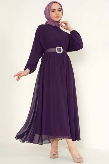 Taşlı Kemer Tokalı Şifon Elbise Mor - Tesettür Elbise