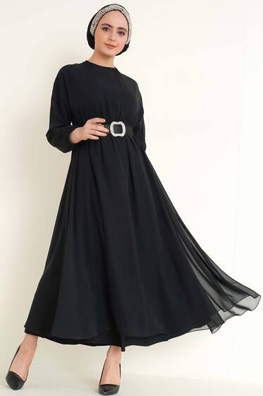 Taşlı Kemer Tokalı Şifon Elbise Siyah - Tesettür Elbise