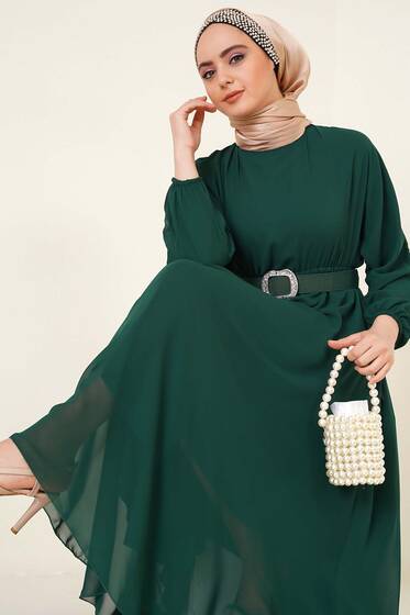 Taşlı Kemer Tokalı Şifon Elbise Zümrüt Yeşili - Tesettür Elbise