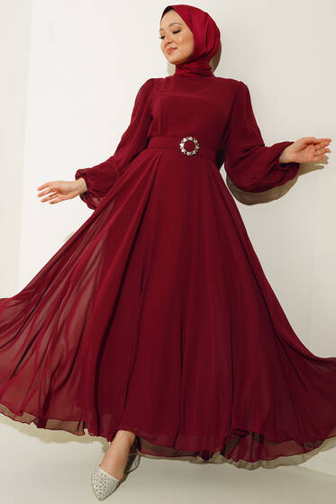 Taşlı Kemerli Şifon Elbise Bordo - Tesettür Elbise