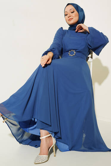 Taşlı Kemerli Şifon Elbise Lacivert - Tesettür Elbise