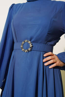 Taşlı Kemerli Şifon Elbise Lacivert - Thumbnail