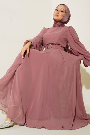 Taşlı Kemerli Şifon Elbise Pudra - Tesettür Elbise