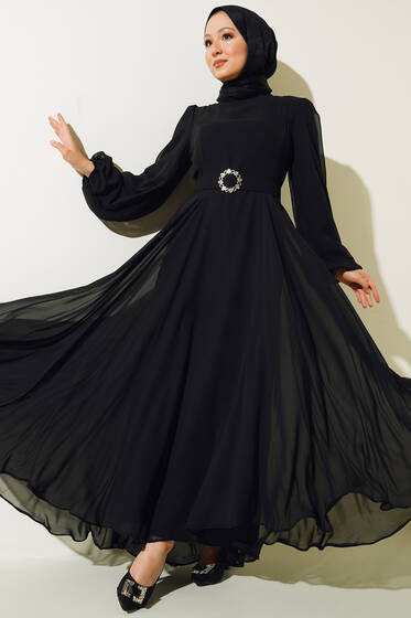 Taşlı Kemerli Şifon Elbise Siyah - Tesettür Elbise