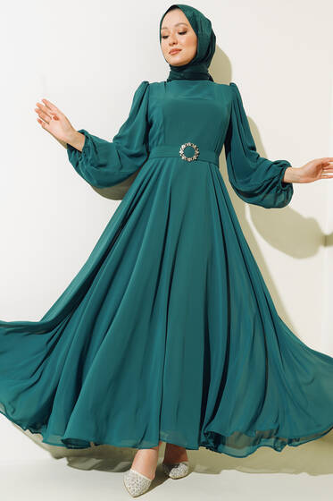 Taşlı Kemerli Şifon Elbise Zümrüt - Tesettür Elbise