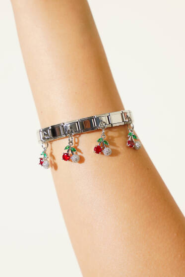 Taşlı Kiraz Charmlı İtalyan Bileklik Kırmızı - Bileklik