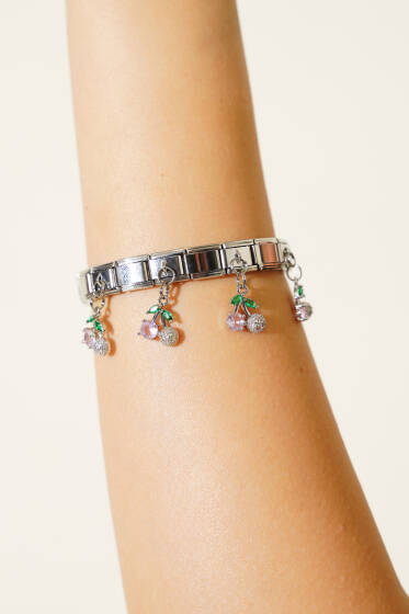 Taşlı Kiraz Charmlı İtalyan Bileklik Pembe - Bileklik