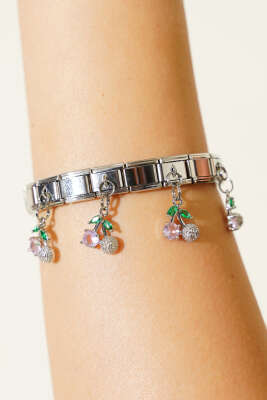 Taşlı Kiraz Charmlı İtalyan Bileklik Pembe - Bileklik