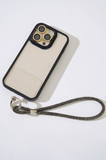 Taşlı Kısa Telefon Askısı Siyah - Telefon Aksesuarları