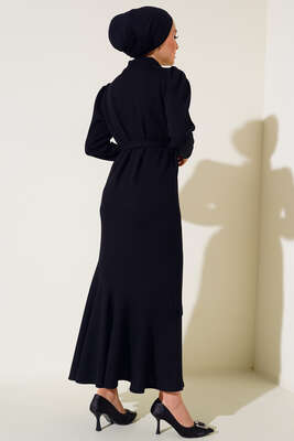 Taşlı Kolye Detaylı Kuşaklı Elbise Siyah - Thumbnail