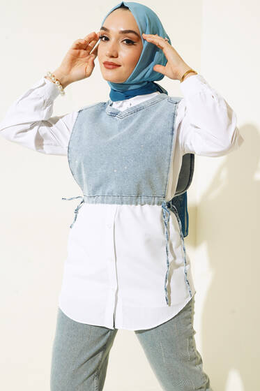 Taşlı Kot Bolerolu Gömlek Kot Mavisi - Kot Gömlek