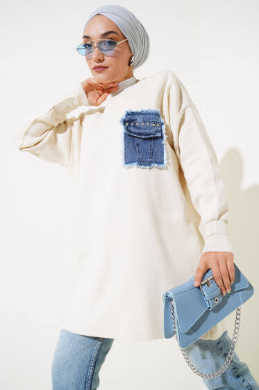 Taşlı Kot Cep Kapaklı Triko Tunik Bej - Tunik